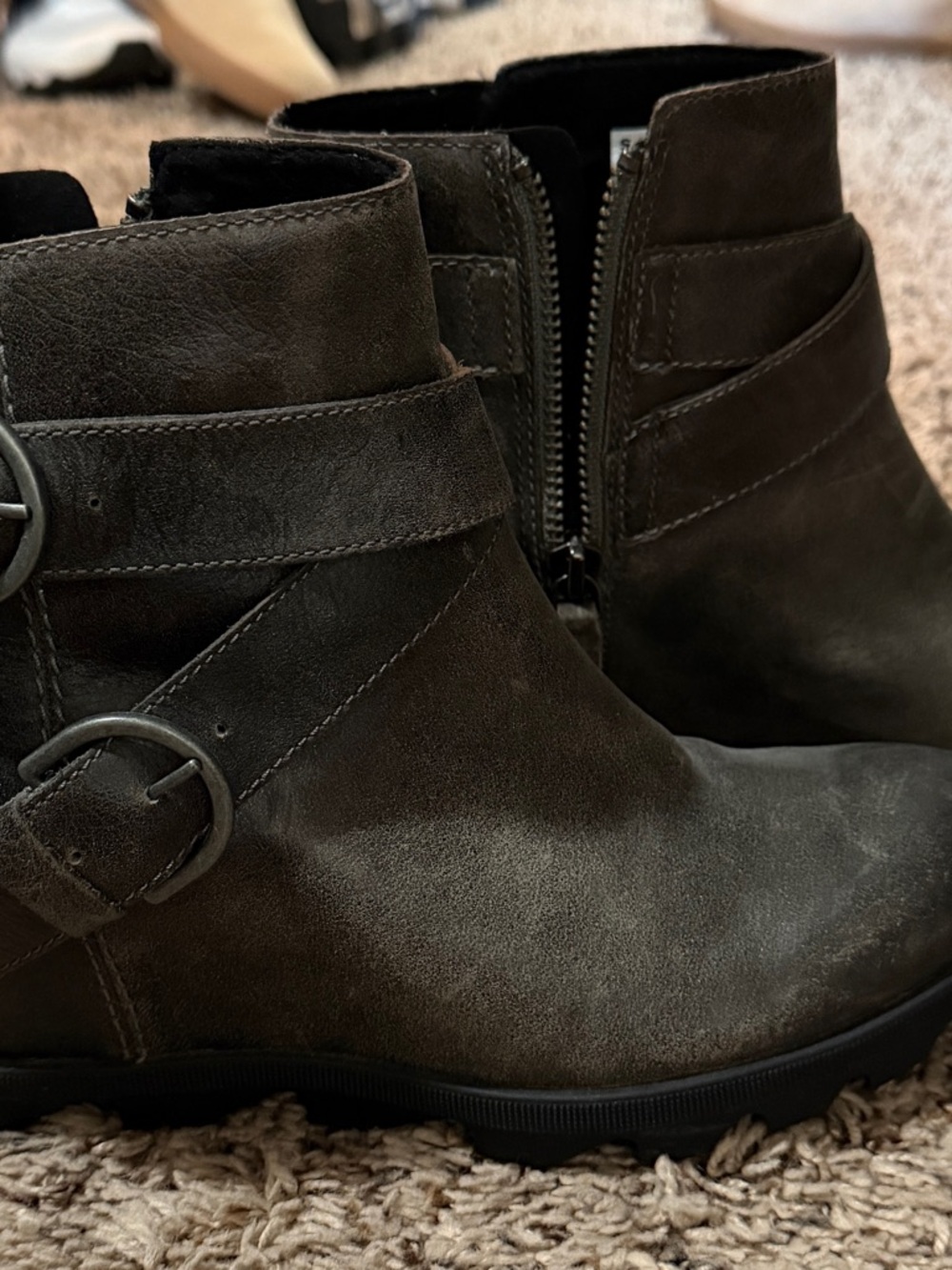 Sorel Women's Ankle Booties in Dark Olive Suede with Buckle